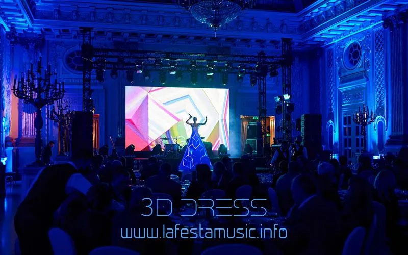 заказать оригинальное шоу, лучшее 3Д маппинг шоу (3D шоу), 3Д проекционное шоу на платье Киев, 3Д мапинг артист и певица в видео платье